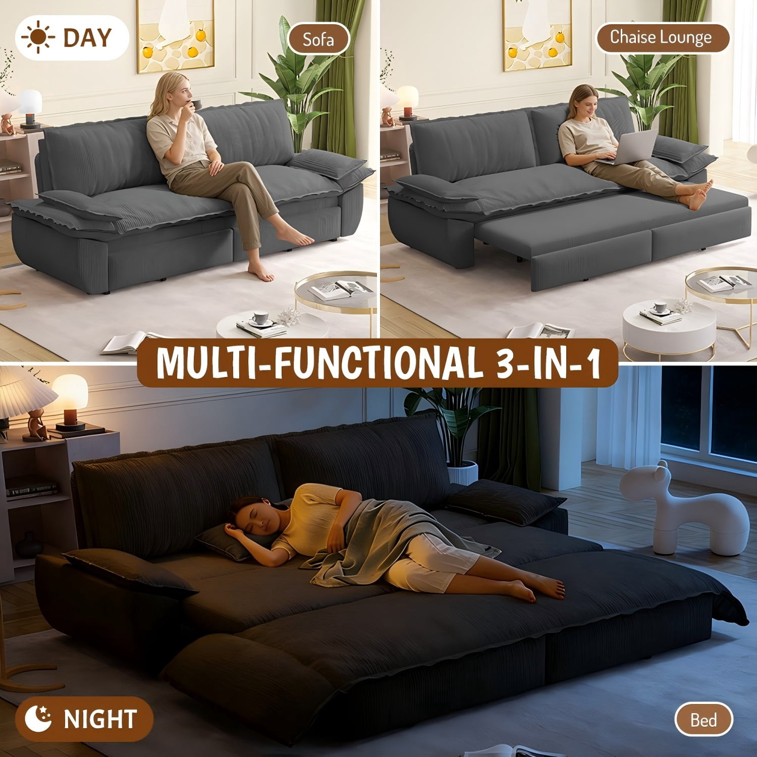 MOONMISS 73.2" Queen Pull Out Sofa Bed,3-in-1 Convertible Sleeper Sofa,Multi-Functional Corduroy Couch Bed,Gray