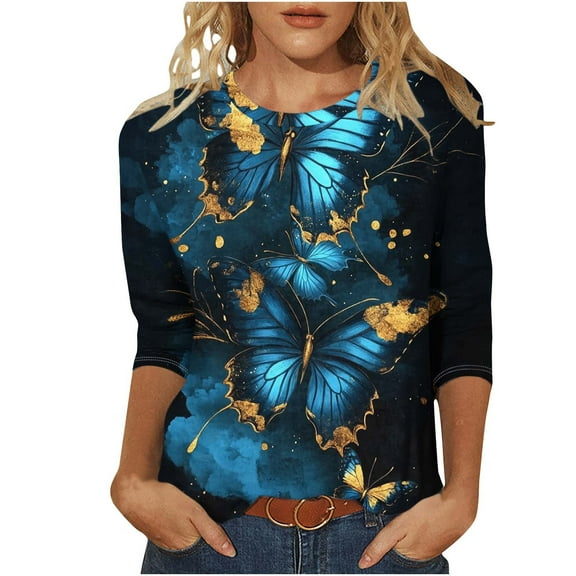 Womens Tops 3/4 Sleeve Summer Butterfly Print Tshirt Three Quarter Sleeves Tunic Top Cute Tee Shirt