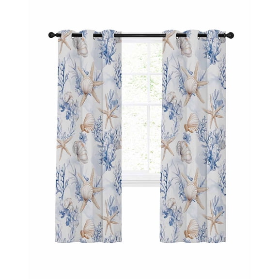 Blue Coastal Blackout Curtains 45 Inches Long for Bedroom, Summer Beach Coral Starfish Shell Nautical Thermal Insulated Room Darkening Black Out Window Curtain Panels Grommet Drapes for Living Room