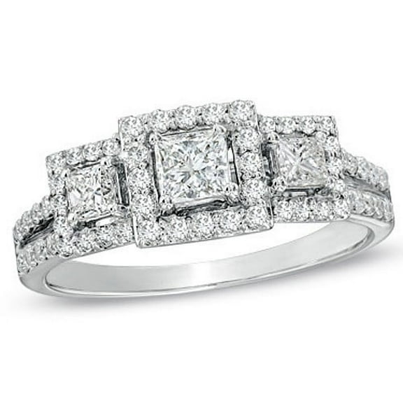 Tantalizing Three Stone Halo Cheap Three Stone Engagement Ring 1 Carat Princess Cut Diamond on Gold