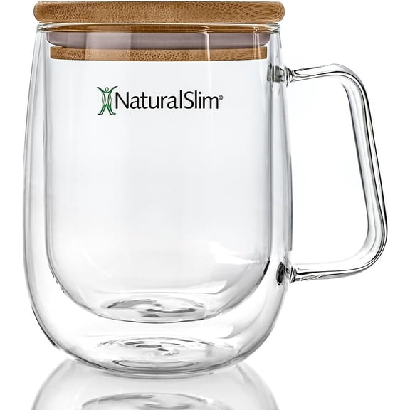 NaturalSlim Double Wall Glass Coffee Mug w/Handle - Insulated Transparent Tea Mugs for Hot & Cold Beverages - Borosilicate Clear Drinking Cup w/Bamboo Made Lid - 400 ml. 13.5 oz.