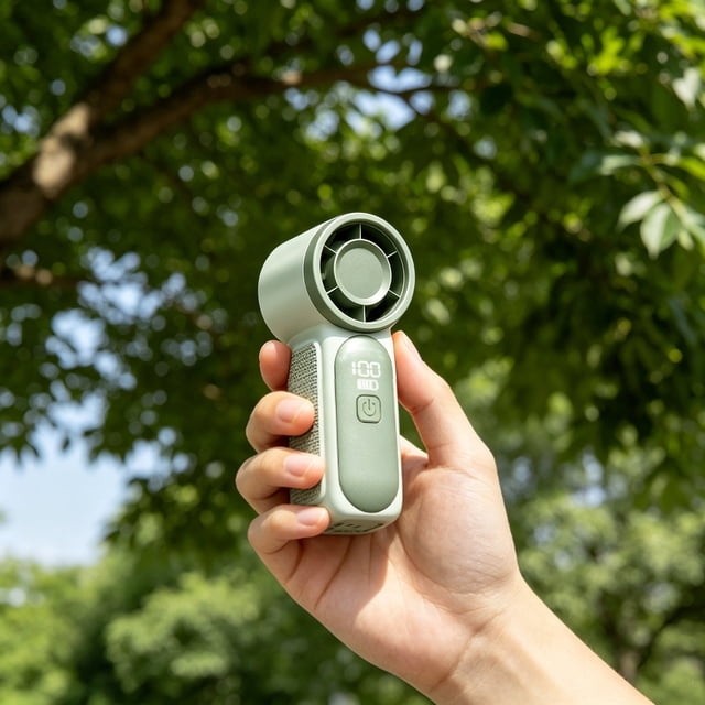 Ventilador mini portátil de mano con pantalla digital, recargable por USB, alta potencia de viento, bajo ruido, diseño ergonómico, para viajes al aire libre, campamentos y uso en interiores.