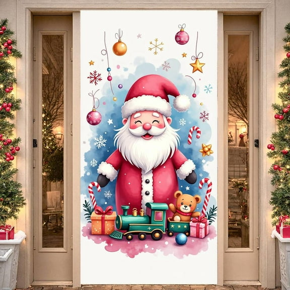 Pink Theme Santa Banner Reindeer Pattern Christmas Banner Gift Elements Snowflake Decor Holiday Banner for Christmas Party Family Gathering Indoor Decoration