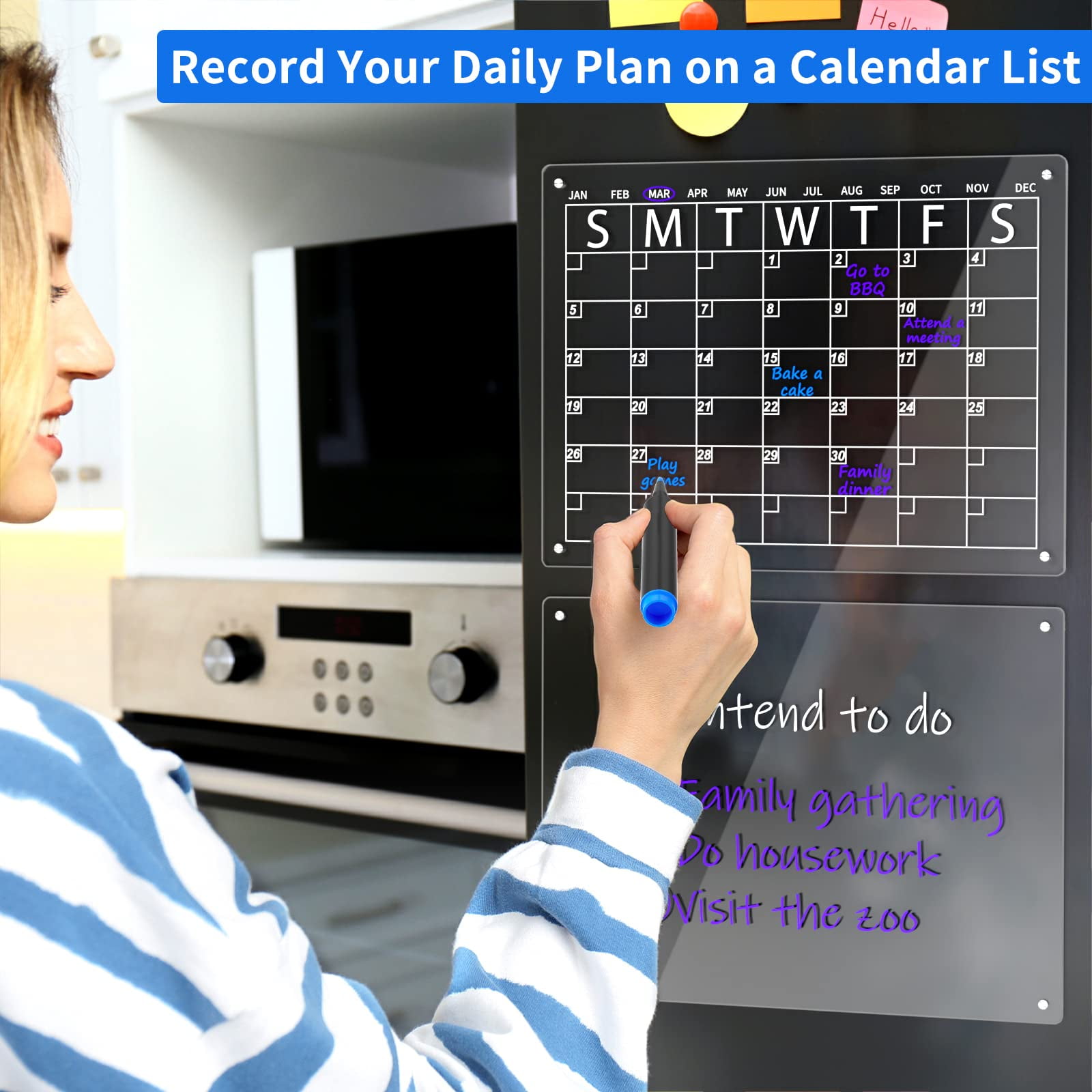 NIUBEE 2 Pack 16"X 12" Acrylic Magnetic Dry Erase Calendar Board for Fridge, Monthly Clear Calendar for Refrigerator, Acrylic WhiteBoard Memo Planning Board, Includes 6 Dry Erase Markers