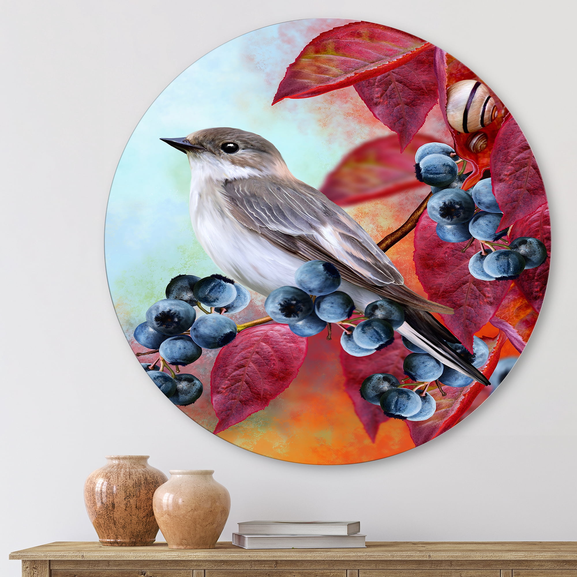 Designart 'Close Up Little Gray Bird On Red Autumn On Blueberry Twig' Traditional Circle Metal Wall Art 11x11 - Disc of 11