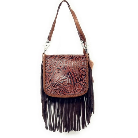 Marciano Leather Clutch - Handcrafted Leather Western Horse Floral Tooled Womens Fringe Clutch Crossbody