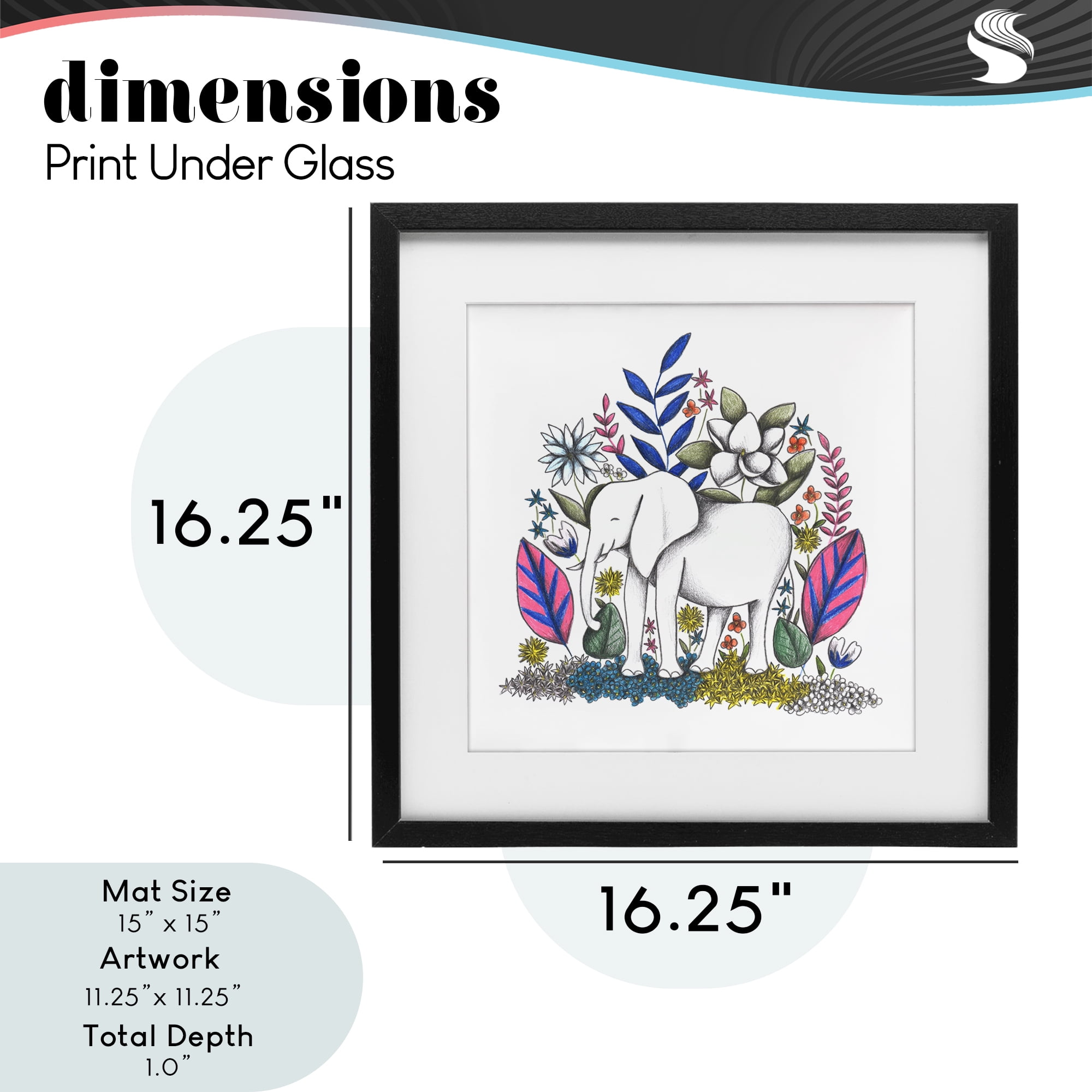 Elephant in Midst of Flowers Black Framed Print Under Glass, design by Cecilia Battaini
