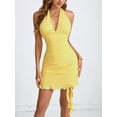 thumbnail image 2 of Women Halter Deep V Neck Ruched Bodycon Dress Summer Mesh Hem Cocktail Club Party Short Mini Dresses Light Yellow XS, 2 of 8