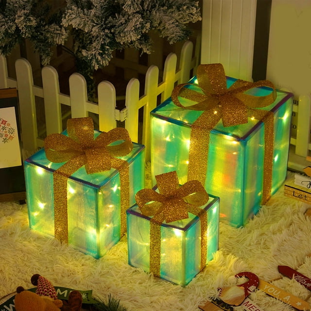 Birdeem Outdoor Christmas Decorations, Christmas Light Box Remote Control Set of 3 Led Gift Box Decoration Outdoor Elevated Christmas Box Gift Decoration Indoor Outdoor Terrace