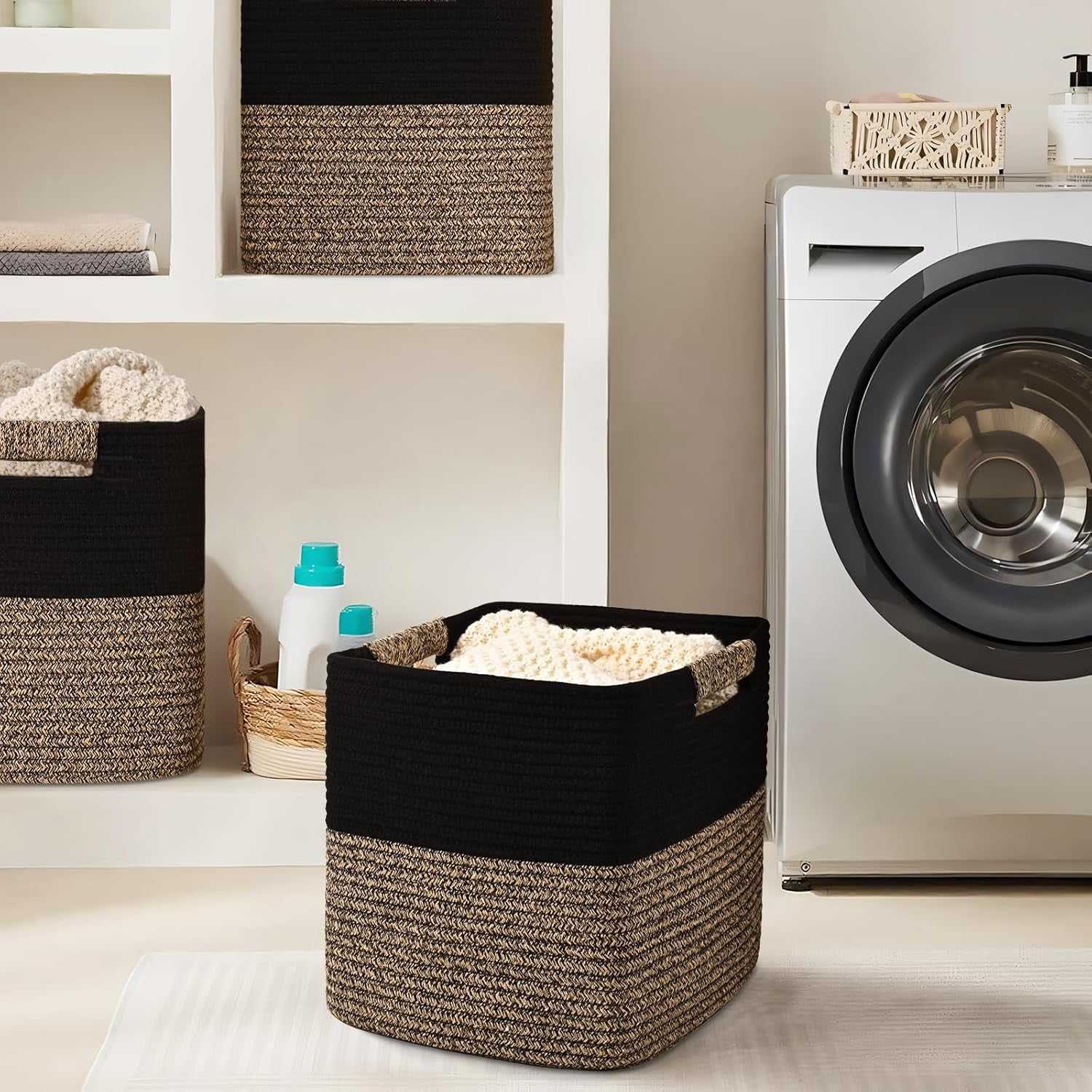 Natubeau 3 Pack Woven Storage Basket for Shelves, Cube Storage Bins, Cotton Rope Woven Baskets for Organizing, 11 Inch, Black