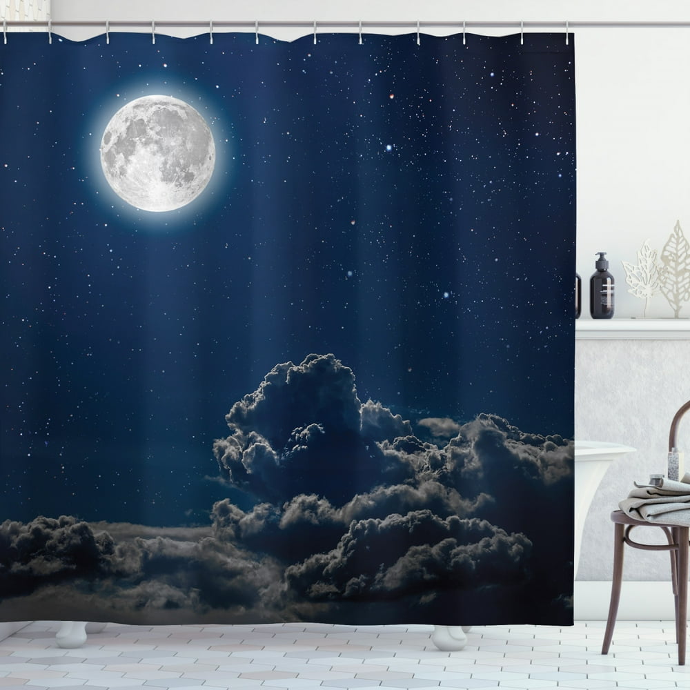 Galaxy Shower Curtain, Moon and Stars in Magical Midnight Sky Starry