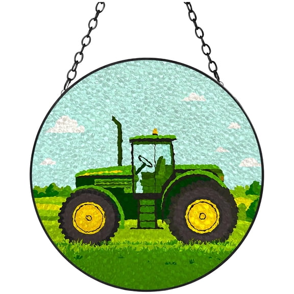 Stained Glass Suncatcher Farm Green Tractor Colored Handmade Window Hangings Glass Suncatcher Crafts Kits for Indoor Garden Christmas Decor Memorial Gift 16x16cm(1)