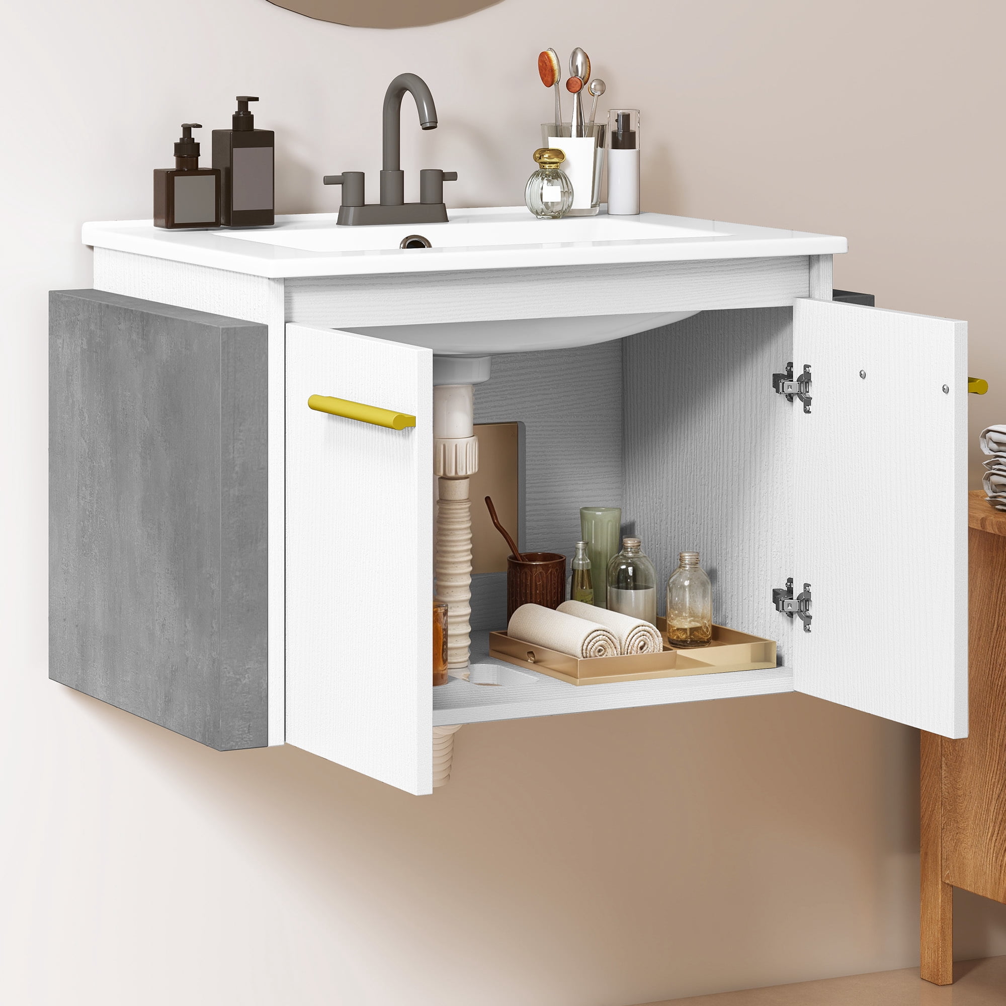 Uforic 24 Inch Floating Bathroom Vanity with Sink, Wall Mounted Modern Bathroom Vanity Cabinet with Double Extra Large Doors, White