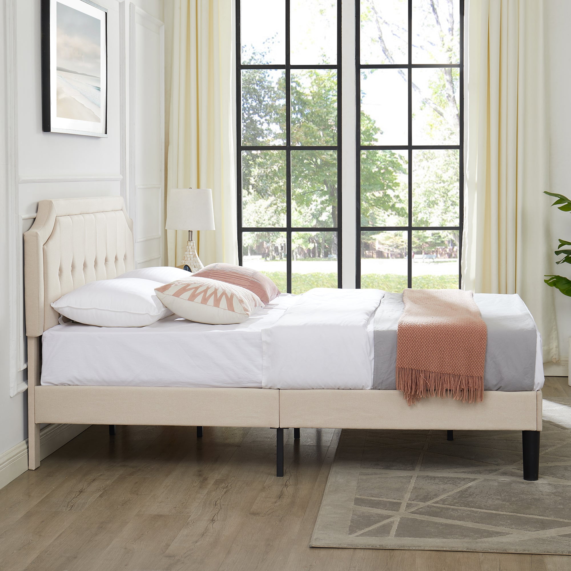 Javlergo Full Size Bed Frame with Upholstered Adjustable Diamond Stitched Panel Headboard, Wood Slat Support/Easy Assembly, Beige
