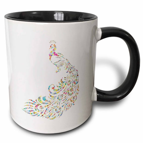 3drose, Image of Glittery Multicolor Peacock on White, 11oz Two-tone Black Mug