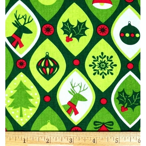 1 Fat Quarter - Vintage Drop Christmas Ornaments on Green Cotton Fabric - 21" X 18"