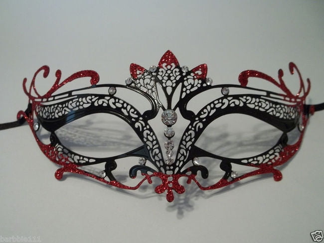 2 Piece Black Metal Masks with Red Crystals His & Hers Couple Masquerade Masks 