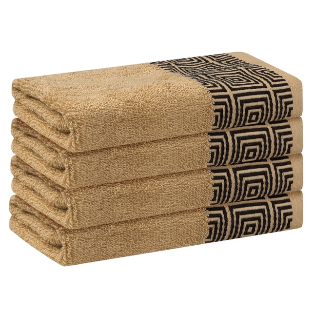 Juego de toallas de mano con patrones geométricos REGALWOVEN, toallas de baño de algodón, toallas de cara de bajo pelaje para baño, hotel, spa 13" x 13" Marrón claro 4 piezas