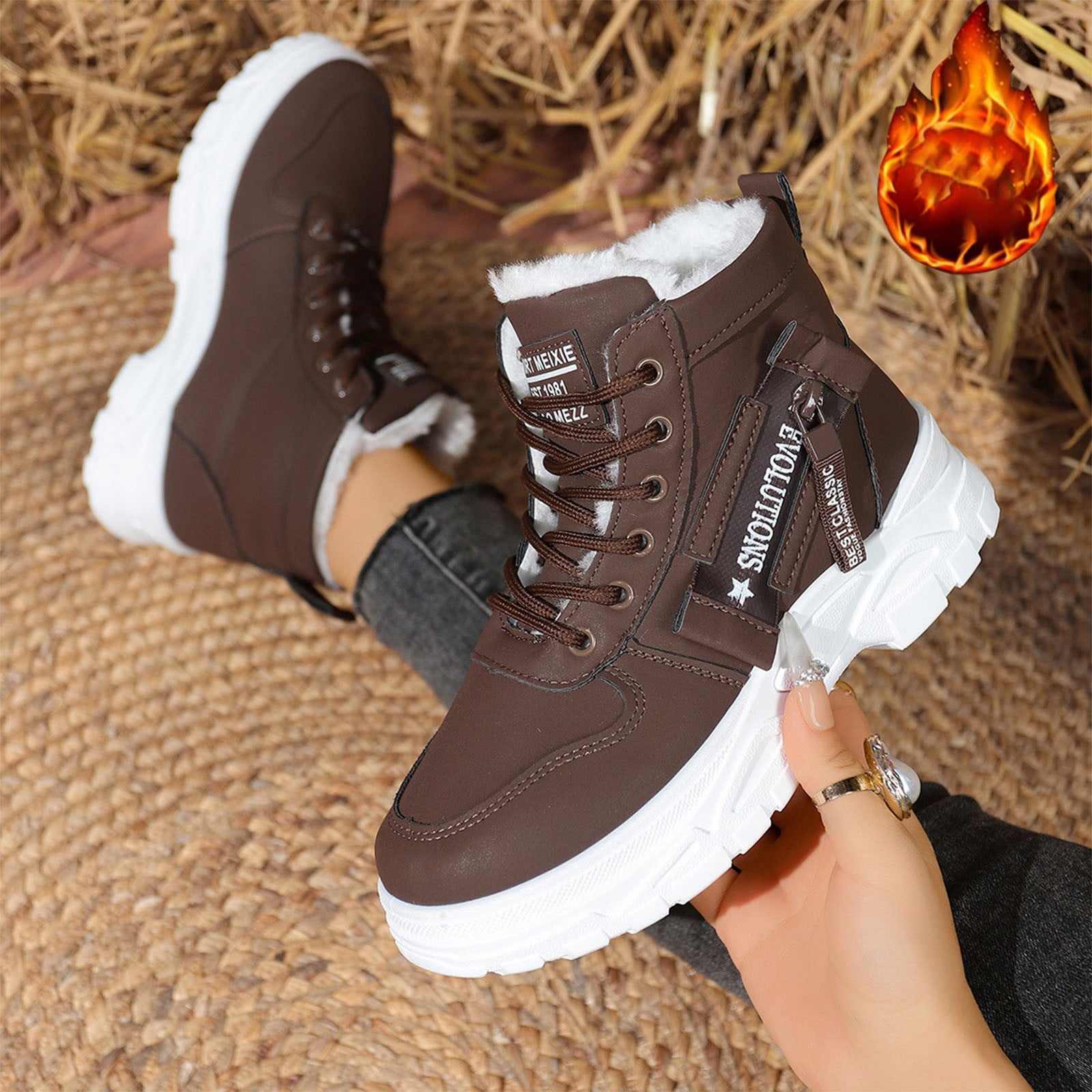 Miluxas Women's Fleece Lined Snow Boots, Thick Platform Winter Outdoor Shoes Hiking Warm Ankle Shoes Brown 8.5(41)