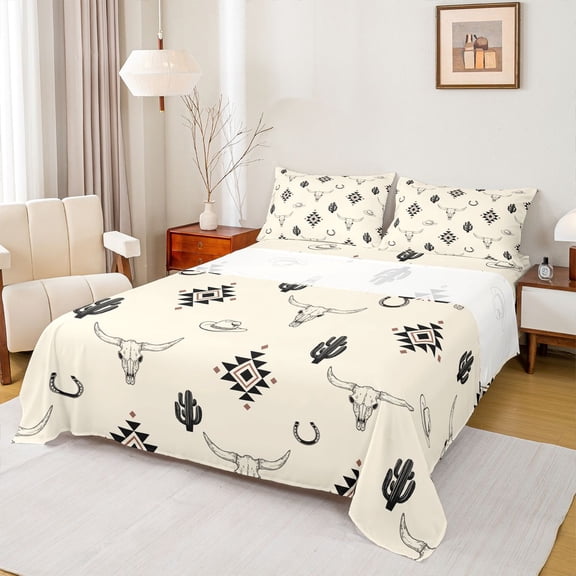 jejeloiu Aztec Bull Skull Western Full Size Sheets Kids,Tribal Desert Print Bed Sheets For Boy,4pcs