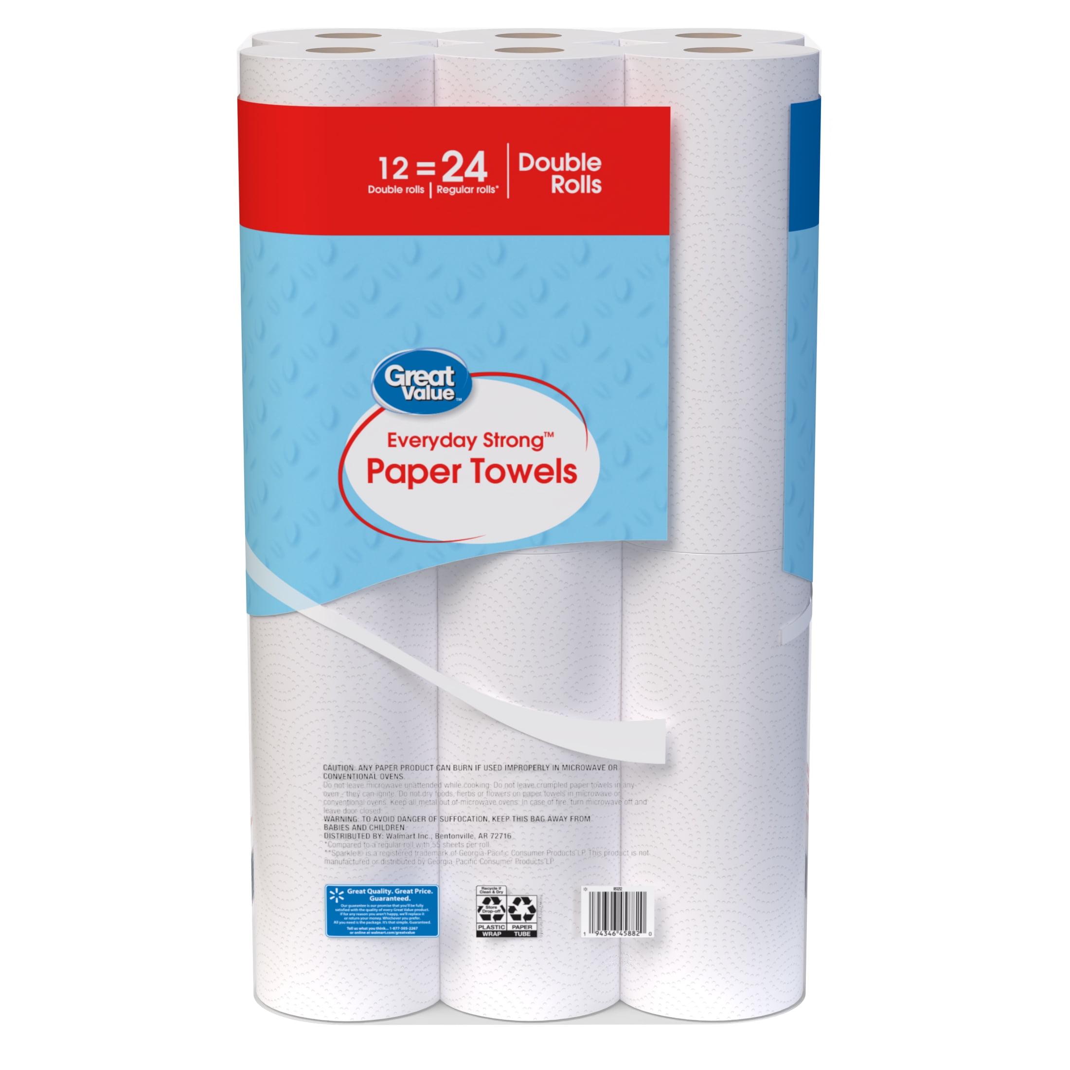 Great Value Everyday Strong Paper Towels, 12 Double Rolls