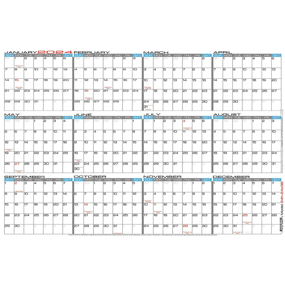 JJH Planners Laminated 24" X 36" Large 2024 Erasable Wall Calendar