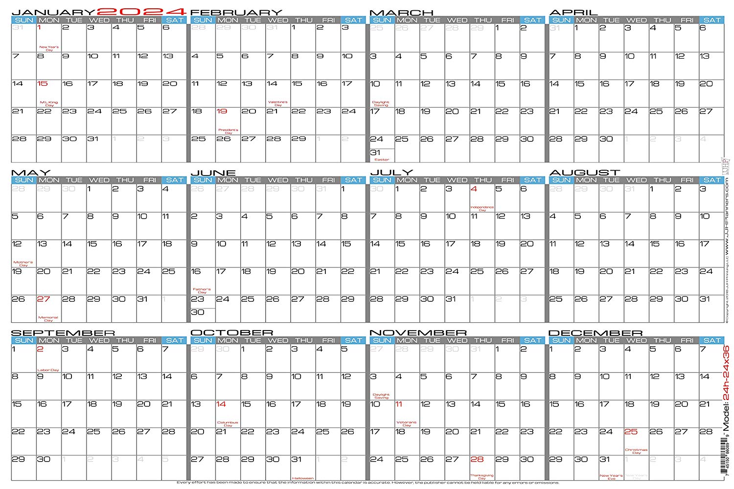 JJH Planners Laminated 24 X 36 Large 2024 Erasable Wall Calendar