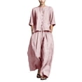 thumbnail image 2 of LEKWK Two Piece Sets for Women Linen 3/4 Sleeve Button Down Tops and Flowy Wide Leg Pants Summer Solid Fashion Lounge Vacation Outfits, 2 of 5