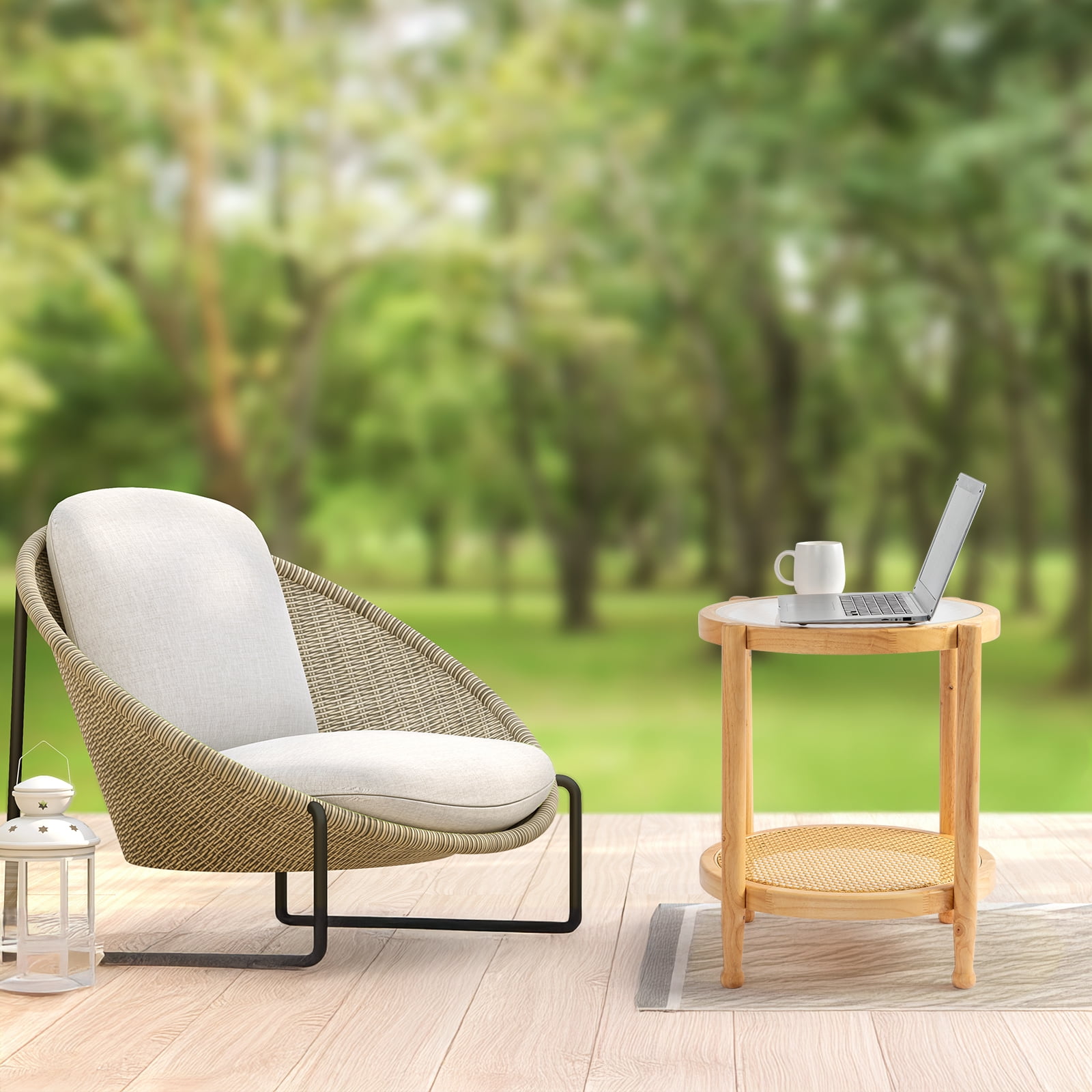 19.7in Rattan Coffee Table with Glass Top, Small Round End Table, Boho Style Side Table Sofa End Table for Living Room Balcony Patio, Natural