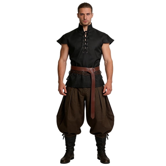 longantii Men's Renaissance Cosplay Shirt Sleeveless Stand Collar Lace Up Tunic Loose Fit Knight Top Vintage Medieval Costume with Matching Belt Black L