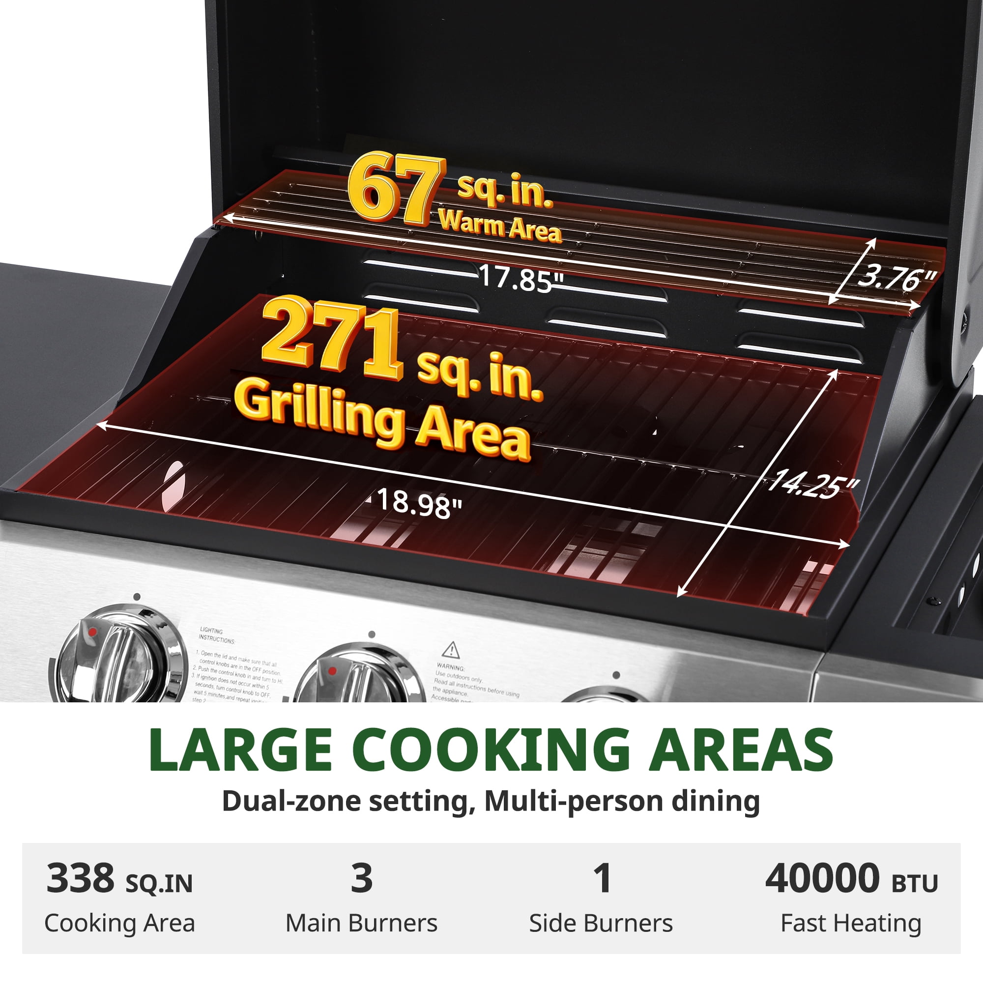 BBQ Grill, Seizeen Gas Grill with Side Burner, 40,000BTU 3-Burner Propane Grill w/Storage Cabinet, Steel Brush, Stainless Steel Camping for Backyard Patio, Portable Design on Wheels
