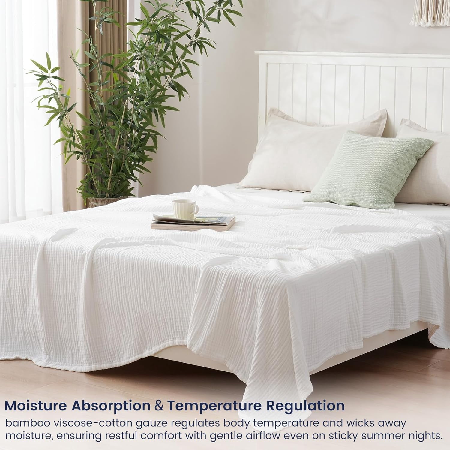 PHF Cooling Muslin Twin Blanket for Hot Sleepers, 4-Layer Breathable Bamboo Rayon & Cotton Gauze, Lightweight Summer Blanket for Bed or Couch, 66" x 90", White