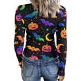 thumbnail image 6 of Halloween Womens Tops Long Sleeve Slim Ribbed Novelty Pumpkin Bat Tunic Blouse Party Crew Neck Fall Spring Basic Tees Multicolor M, 6 of 6