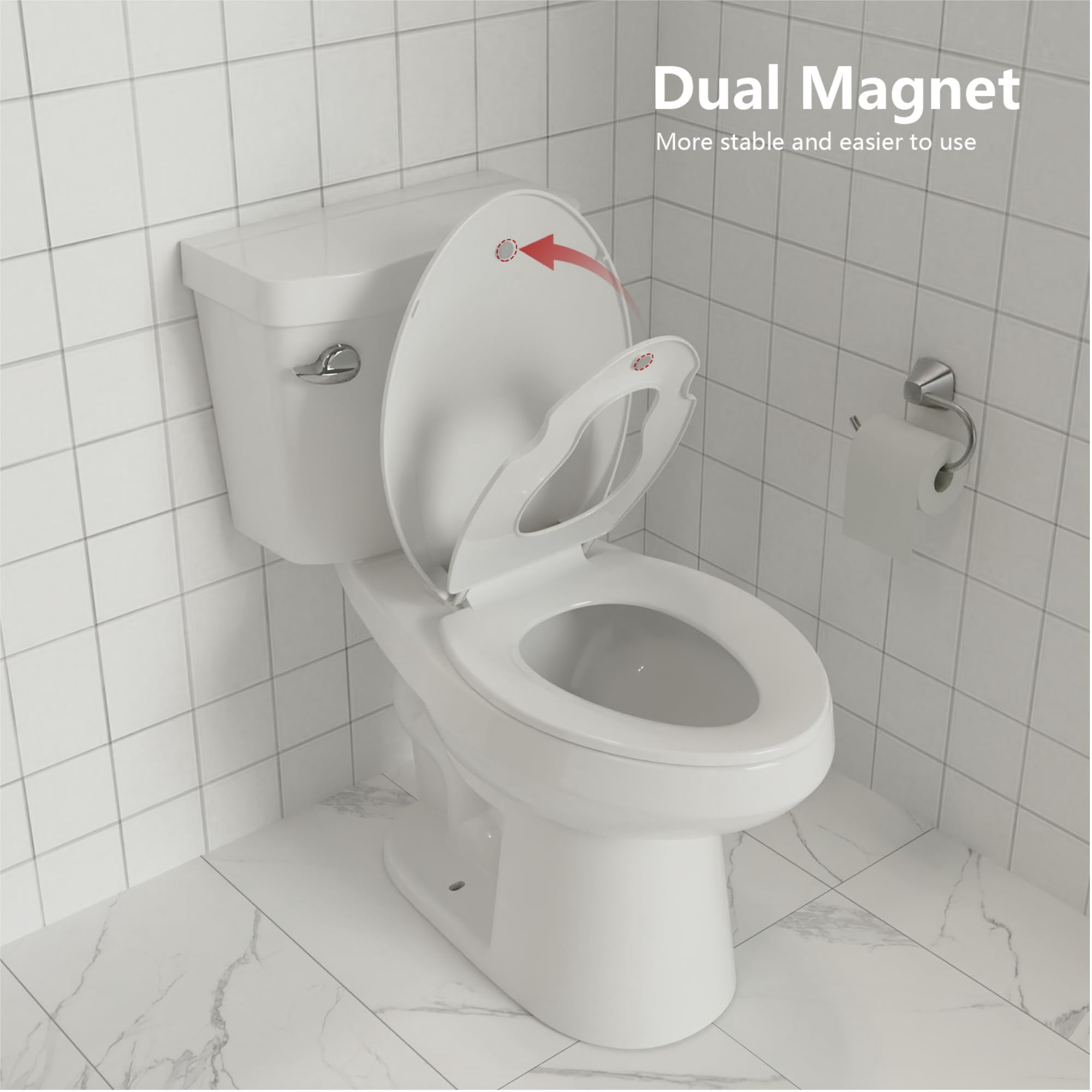 Slow-Close Elongated Toilet Seat with Built-in Potty Training Child Seat for Adults and Toddlers, Easy Installation, Stain-Resistant White Finish