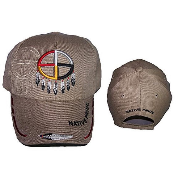 Medicine Wheel Native Pride Embroidered Baseball Caps - Khaki Color - Uni-Sex Style -- FREE USA Shipping-- (CapNp268K)