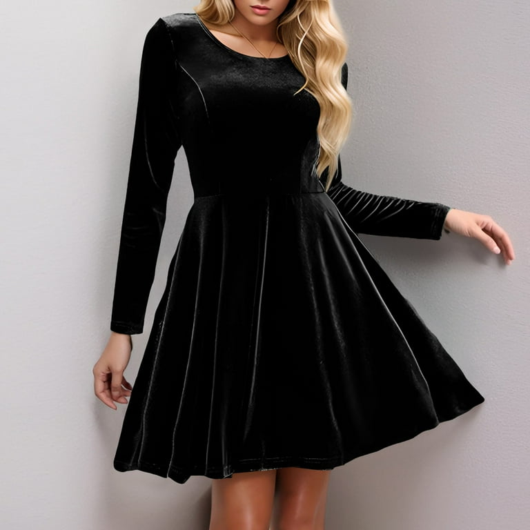 Tauxra Dress for Women,Long Dress with Sleeves,Women Solid Color Round Neck Long Sleeve Dress,Velvet Flare Hem,Long Dress for Women - Walmart.com Tauxra Dress for Women,Long Dress with Sleeves,Women Solid Color Round Neck Long Sleeve Dress,Velvet Flare Hem,Long Dress for Women - Walmart.com