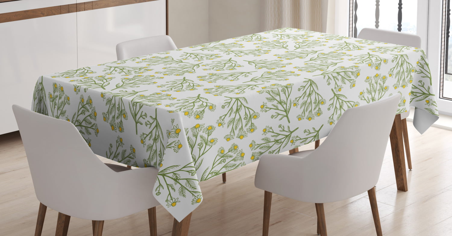 Retro Daisy Branches Romantic Spring Blossom Beauty Essence Flora Ambesonne Apothecary Tablecloth Reseda Green White Yellow Dining Room Kitchen Rectangular Table Cover 52 X 70