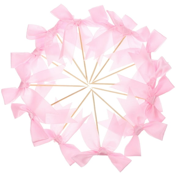 Niceauty 20pcs Bow Cake Picks Bowknot Decorations Polyester Pink For Events