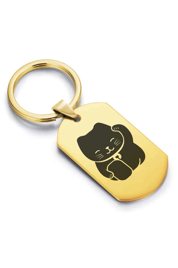 Stainless Steel Maneki Neko Good Luck Charm Dog Tag Keychain Circle Ring