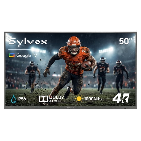 Sylvox 50" Smart Outdoor TV, 4K Uhd 1000nits with Dobly Atmos, Google TV with Voice remote, IP56 Waterproof,Google cast,Patial Sun,Deck Pro 3.0
