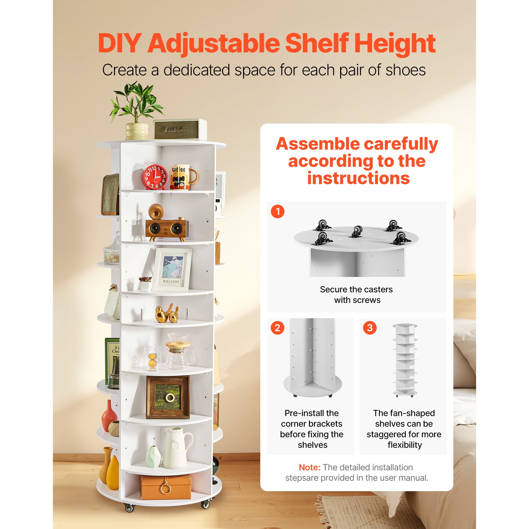 KFFKFF 7-Tier Rotating Shoe Rack Tower with Adjustable Shelves, 360° Spinning Organizer with Wheels, Movable Carousel Storage for Bedroom, Living Room, Entryway, Closet, White