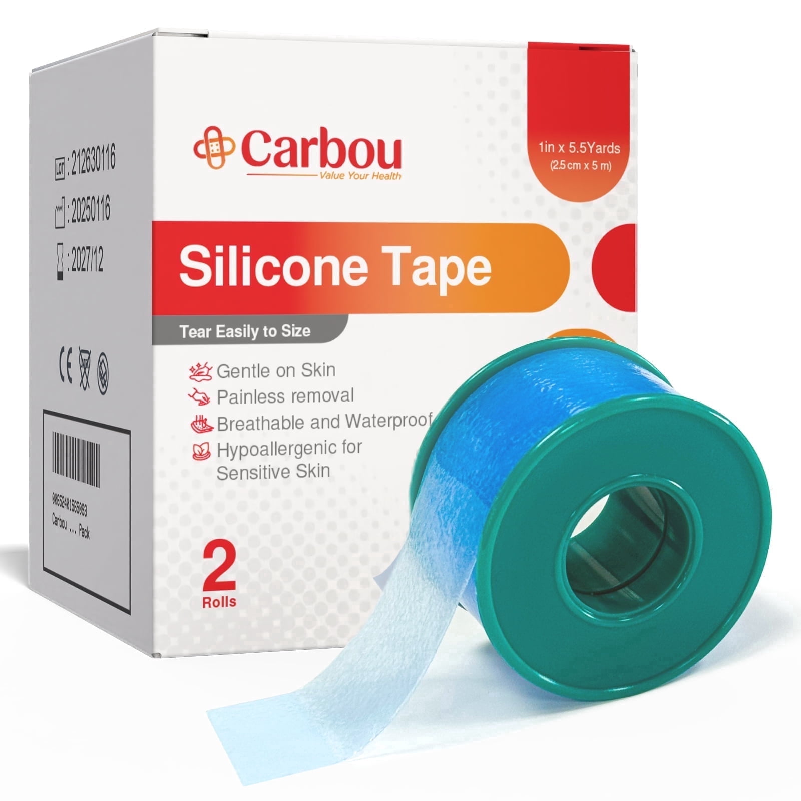 Carbou Soft Silicone Medical Tape 1" x 5.46 Yards, 2 Rolls, Breathable Waterproof, Easy Tear Pre-Cut for Sensitive Skin
