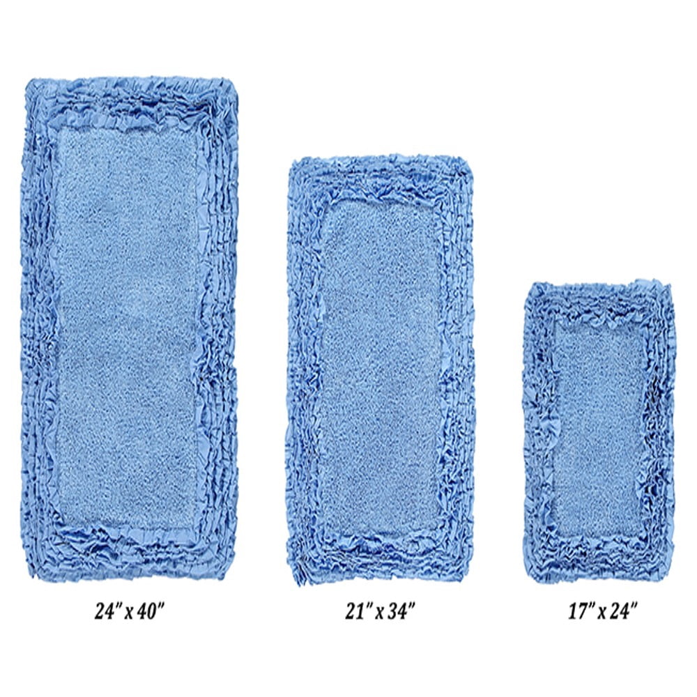 Better Trends 3 Piece Bathroom Rug Set 100% Cotton, Extra Soft, Water Absorbent & Non Slip Bath Mat, Ruffle Border, (Blue) Shaggy Border Collection