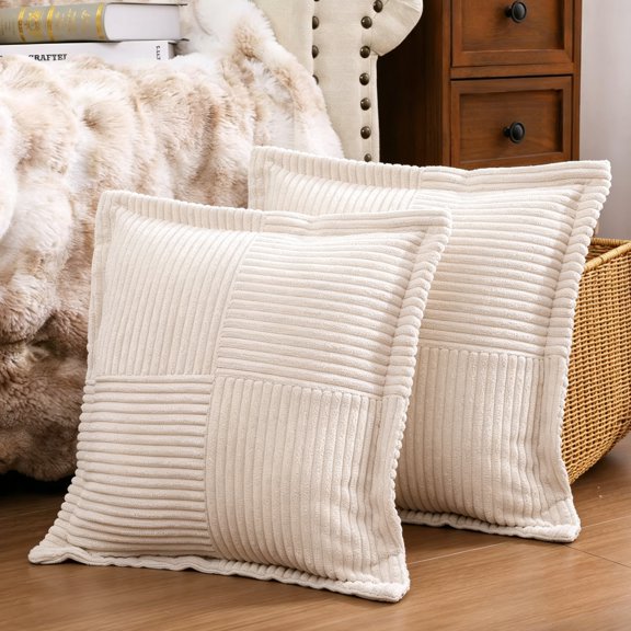 Corduroy Throw Pillows, Yamaziot 18"x18" Decorative Pillow Cushion with Pillow Insert for Sofa, Bed, Living Room, Cream White, 2 Pack