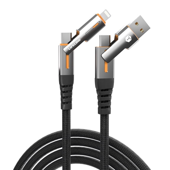 ToughTested Lifeline 6.5FT 4-in-1 Fast Charging Cable – USB-C PD & USB-A Input with Lightning & USB-C Tips for Smartphones, Tablets & Laptops