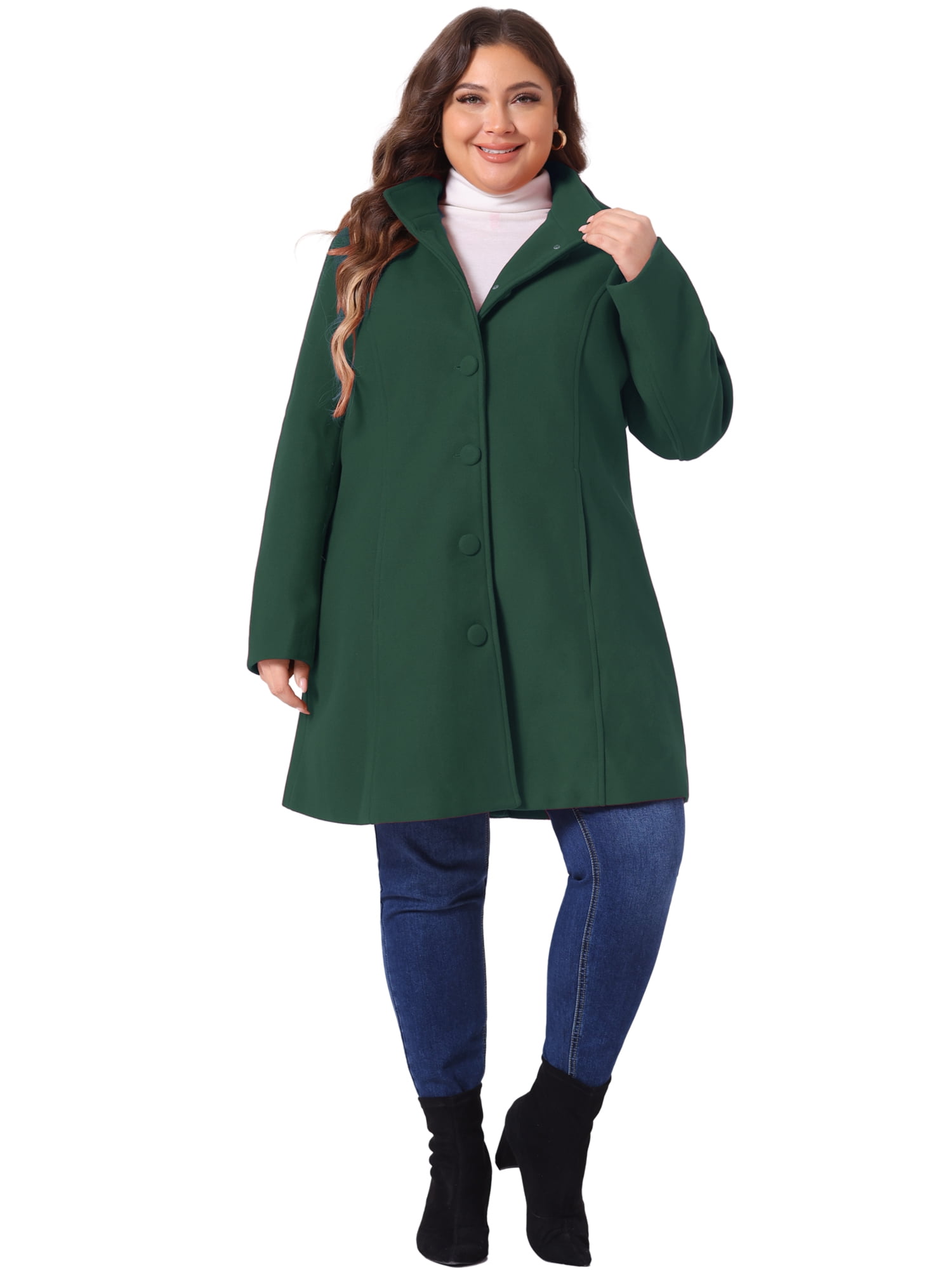 DARING DIVA Women's Plus Size Single Breasted Detachable Hooded Overcoat 3X Dark Green