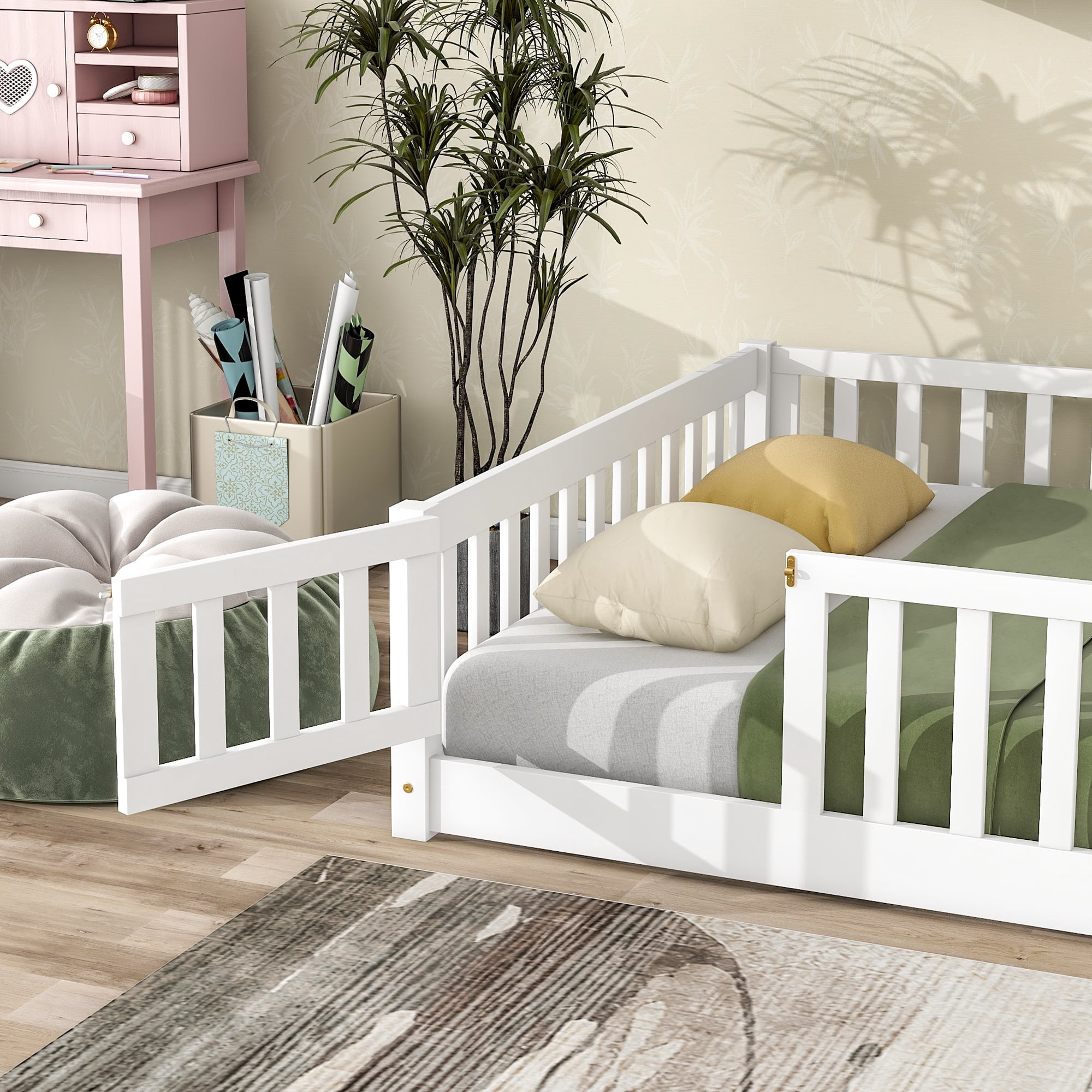Sailvan Full Floor Bed with Fence and Door, Solid Wood Kids Platform Bed Frame White