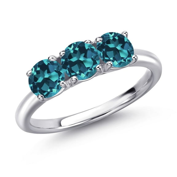 Gem Stone King 925 Sterling Silver London Blue Topaz 3-Stone Engagement Ring for Women | 2.10 Cttw | Round 5MM | Gemstone November Birthstone (Size 8)