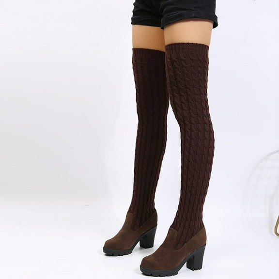 Wavsuf Western Boots for Women with High Heel Round Toe Knee High Flock Knitted Oversized Brown Shoes Size 38
