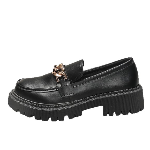Loafers for Women, Round Toe Matte Thick Sole French Loafers Shoes with Gold Chain, British Style Comfortable Block Heel Shoes